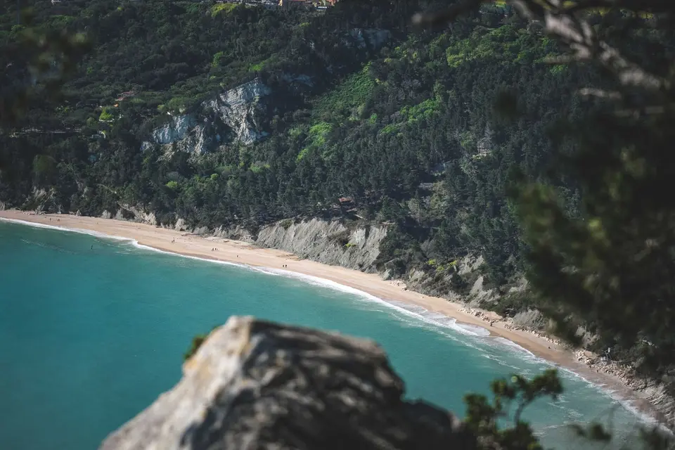 A scenic view of a pristine beach surrounded by lush green cliffs.