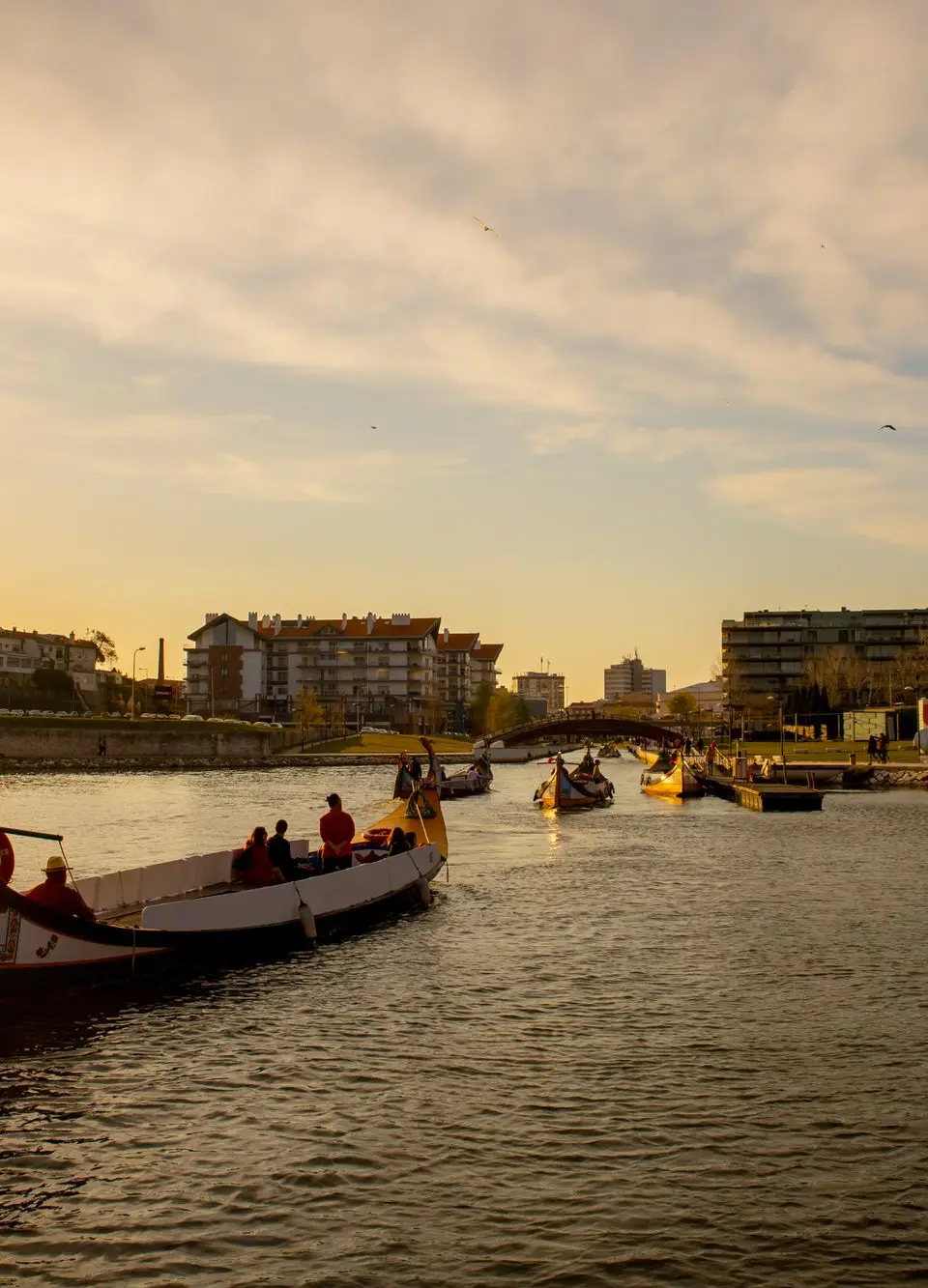 Scenic sunset over Aveiro lagoon with traditional boats and cityscape in Portugal. Captivating travel destination.