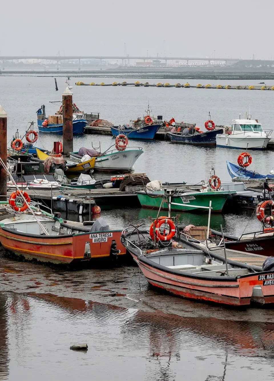 Colorful fishing boats moored at Ílhavo harbor in Aveiro District, Portugal, on a calm day.