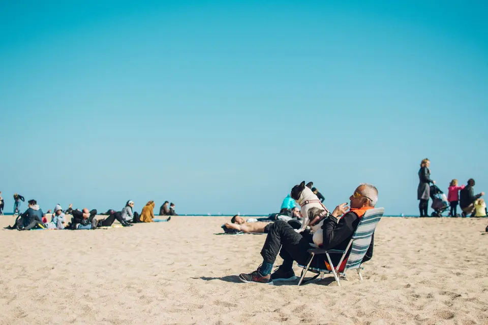 Elderly man with dog enjoying a sunny day at the beach in Barcelona, Spain.