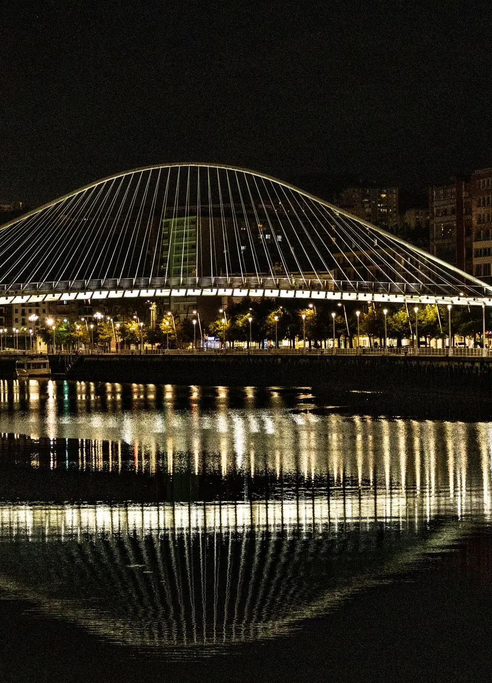 Night view of the illuminated Zubizuri Bridge in Bilbao reflecting in the river.