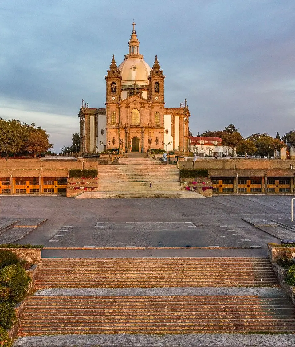 Aerial view of the Bom Jesus do Monte Sanctuary in Braga, Portugal, during sunset.