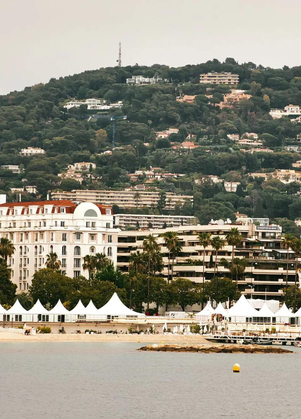 Discover the beautiful Cannes waterfront with its luxury hotels and lush hills, epitomizing French Riviera elegance.