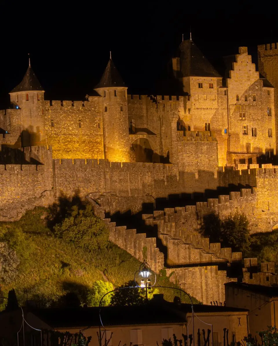 Majestic night view of Carcassonne Citadel, beautifully illuminated.