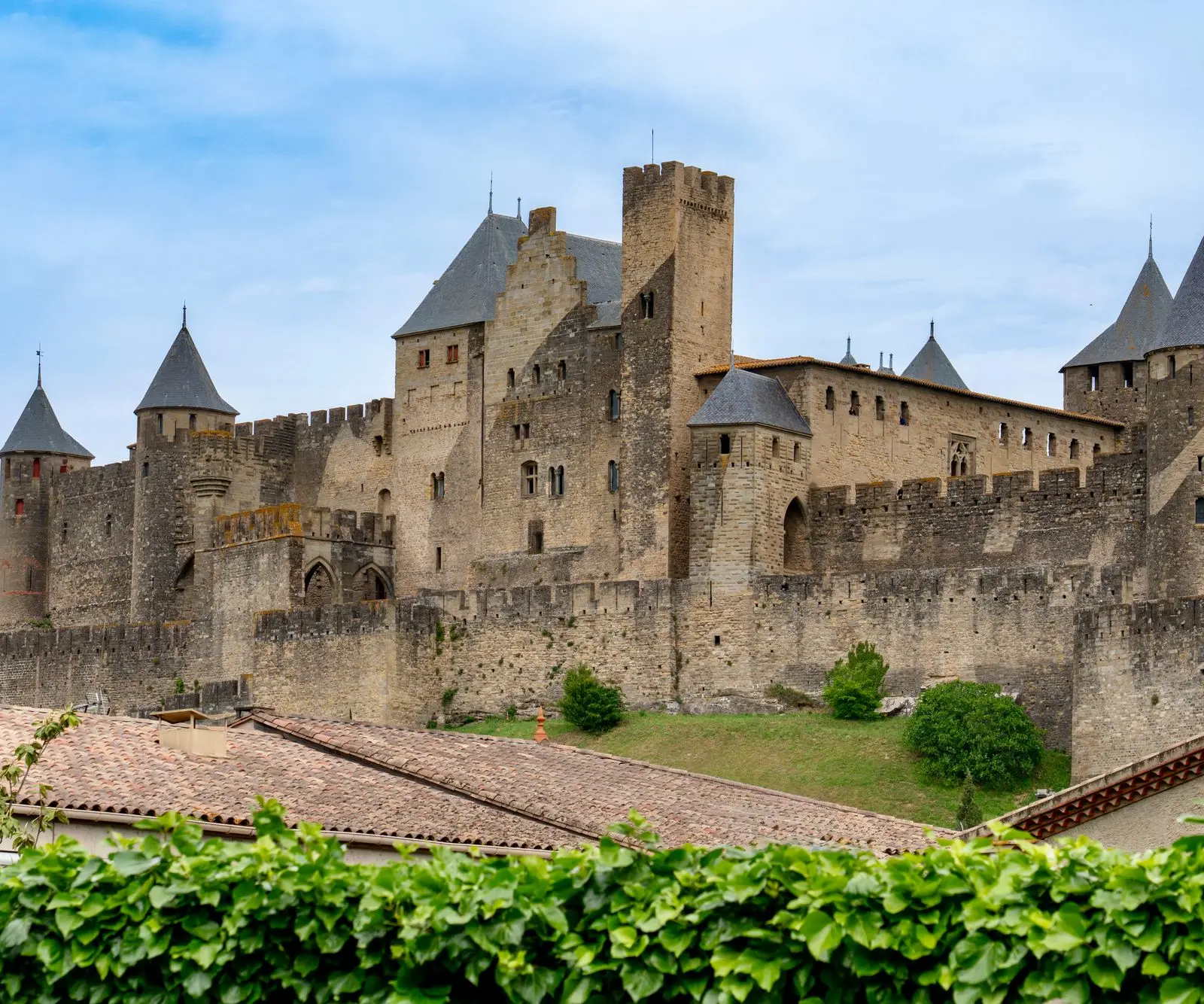 Impressive view of Carcassonne Castle in France surrounded by lush greenery.