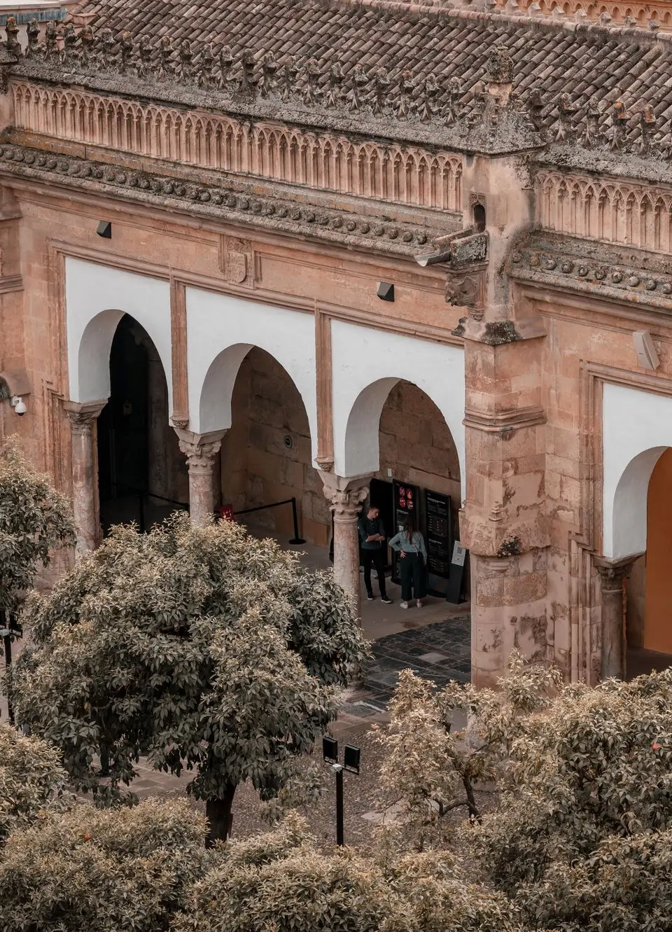 Aerial view of the historic Mosque-Cathedral of Córdoba with its iconic arches and surrounding trees.