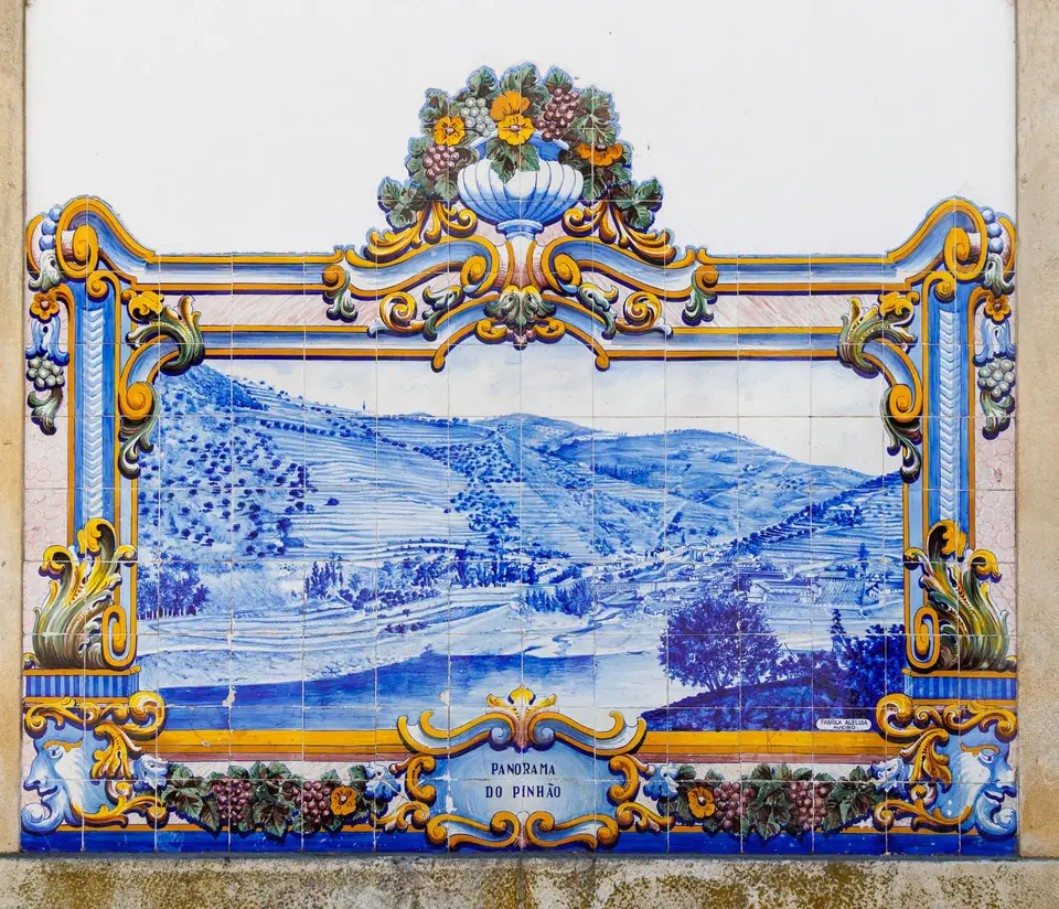 Decorative tile mural depicting Douro Valley at Pinhão station, Portugal.