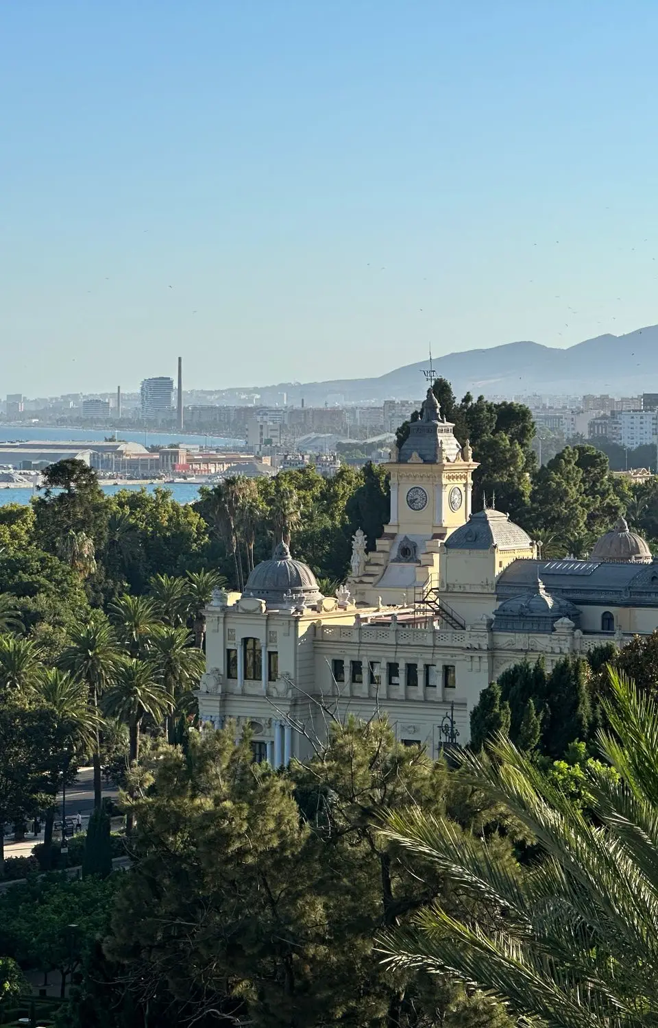 Scenic aerial view of Malagueta in Málaga, Spain with lush greenery and cityscape.