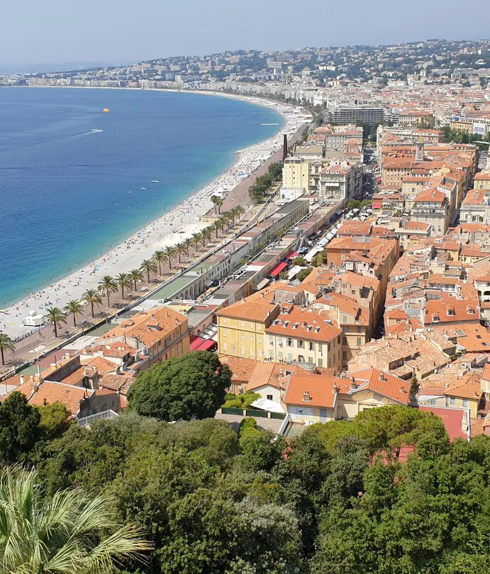 A stunning aerial view of Nice's coastline featuring the Promenade des Anglais and the Mediterranean Sea.