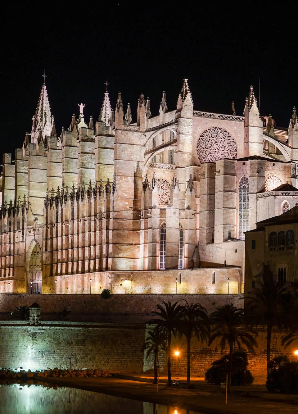 Illuminated gothic Palma Cathedral in Mallorca, Spain captured at night.