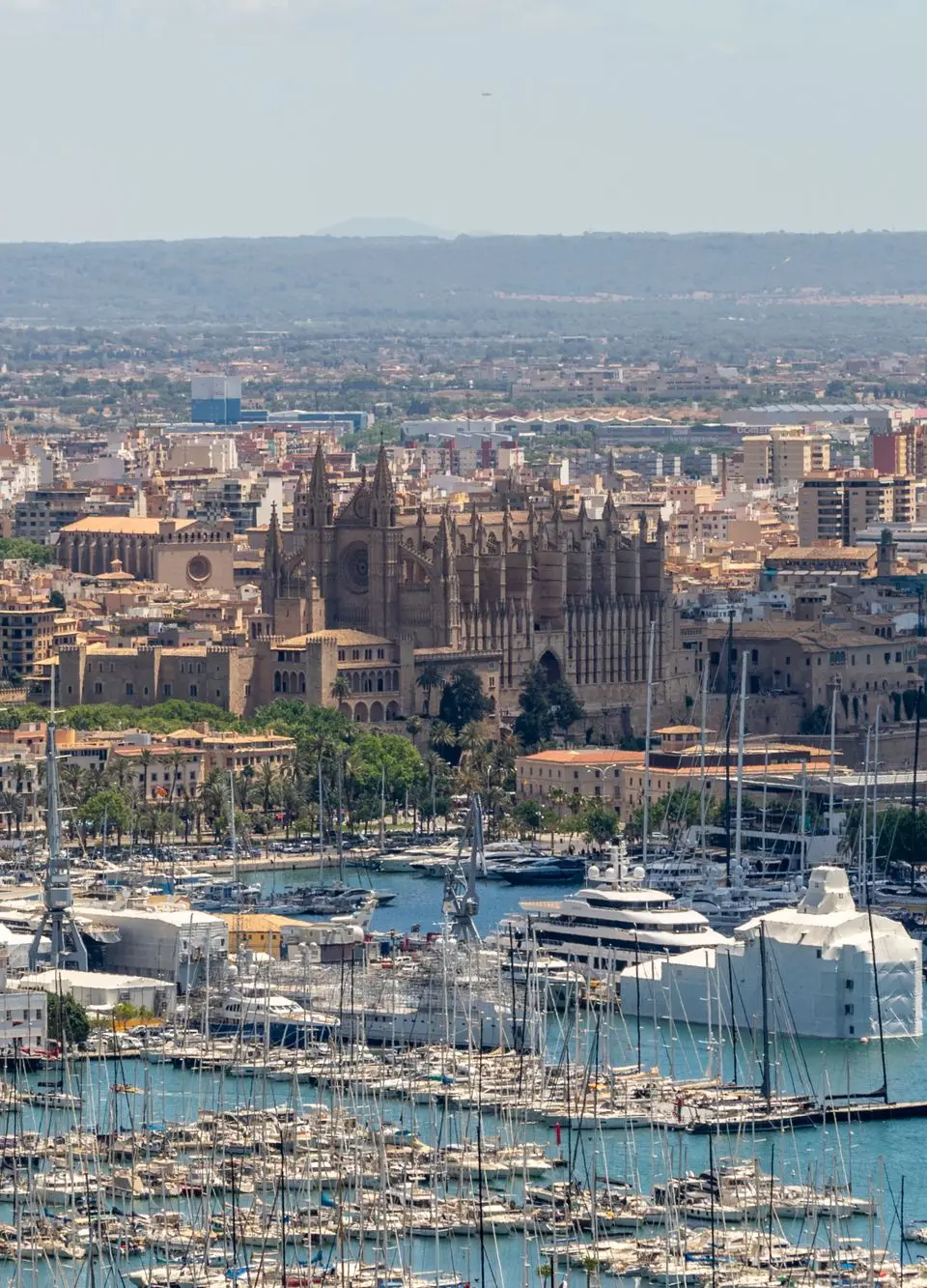 Explore the picturesque skyline of Palma de Mallorca featuring La Seu Cathedral and the bustling marina.