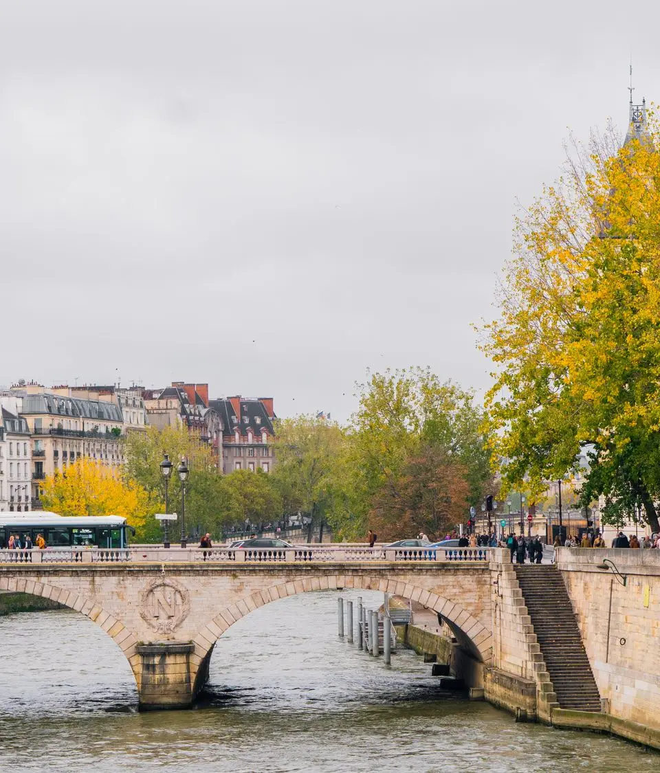 Charming autumnal view of a Parisian bridge and the Seine River with vibrant fall foliage.