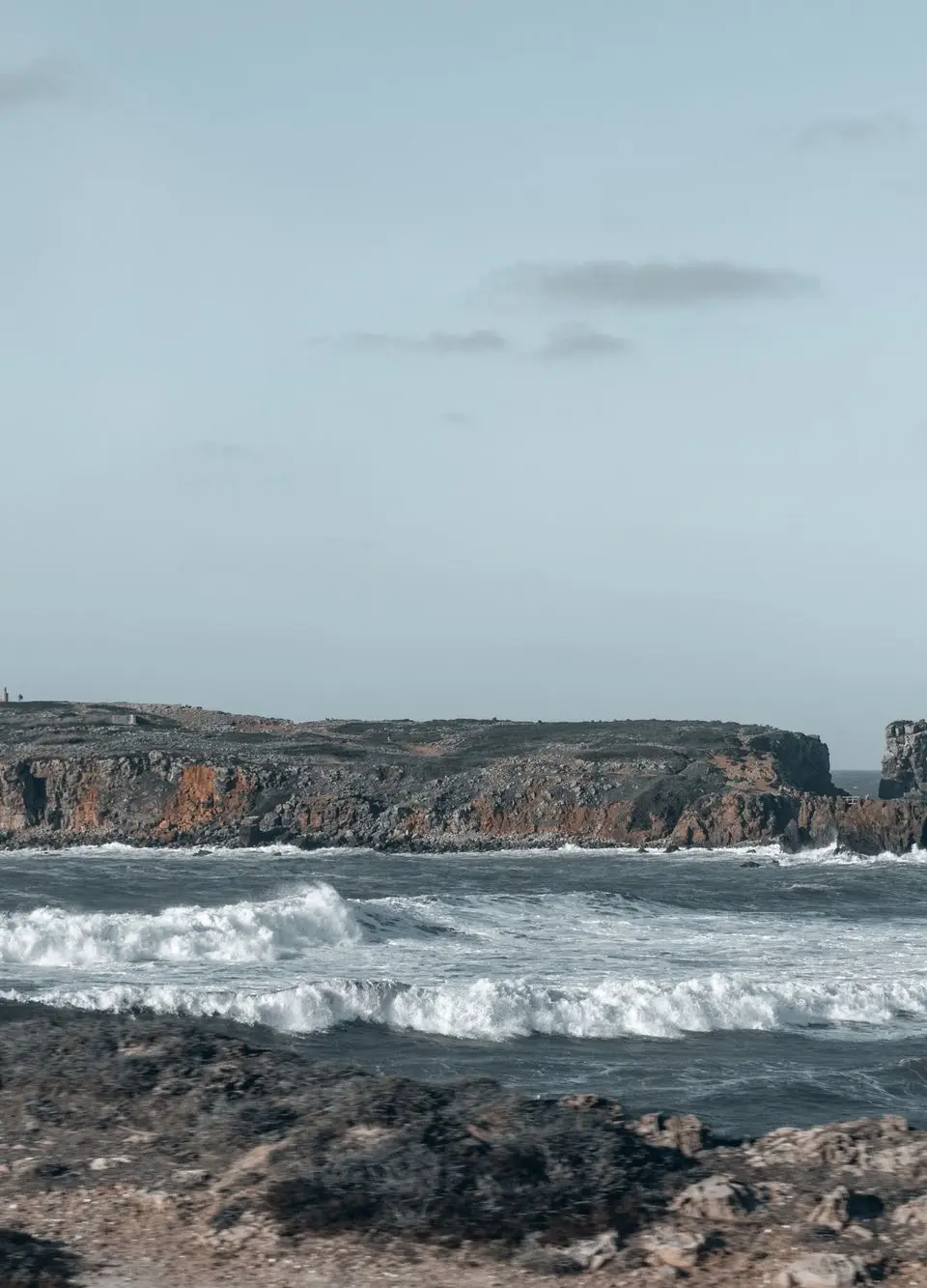 Dramatic cliffs and ocean waves in Peniche, Portugal, showcasing natural beauty.