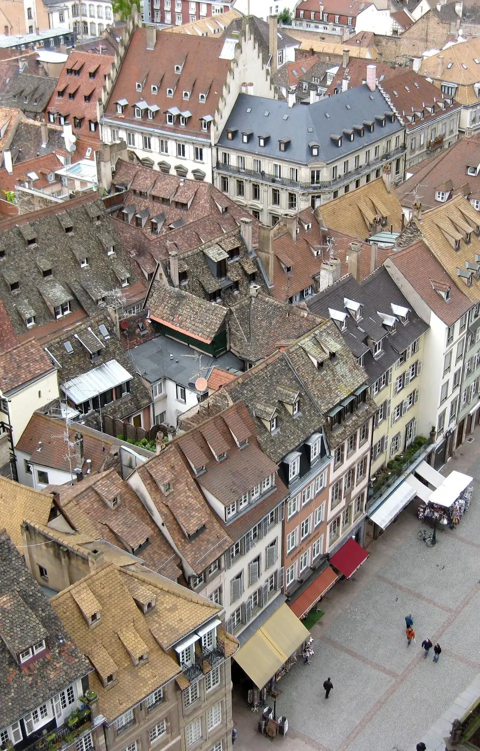 Aerial view of historic rooftops and streets in Strasbourg, showcasing traditional architecture.