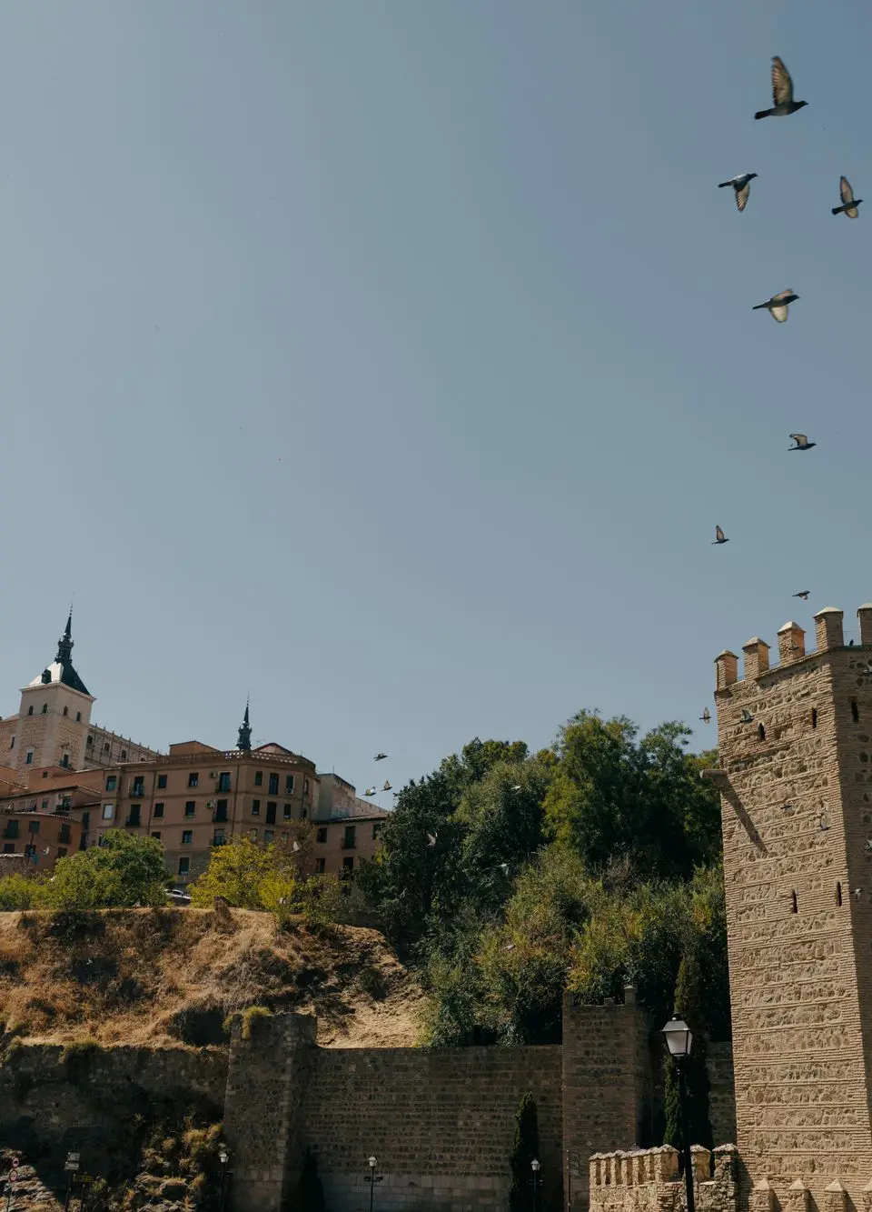 Explore the ancient architecture of Toledo Spain with birds soaring in the clear sky.