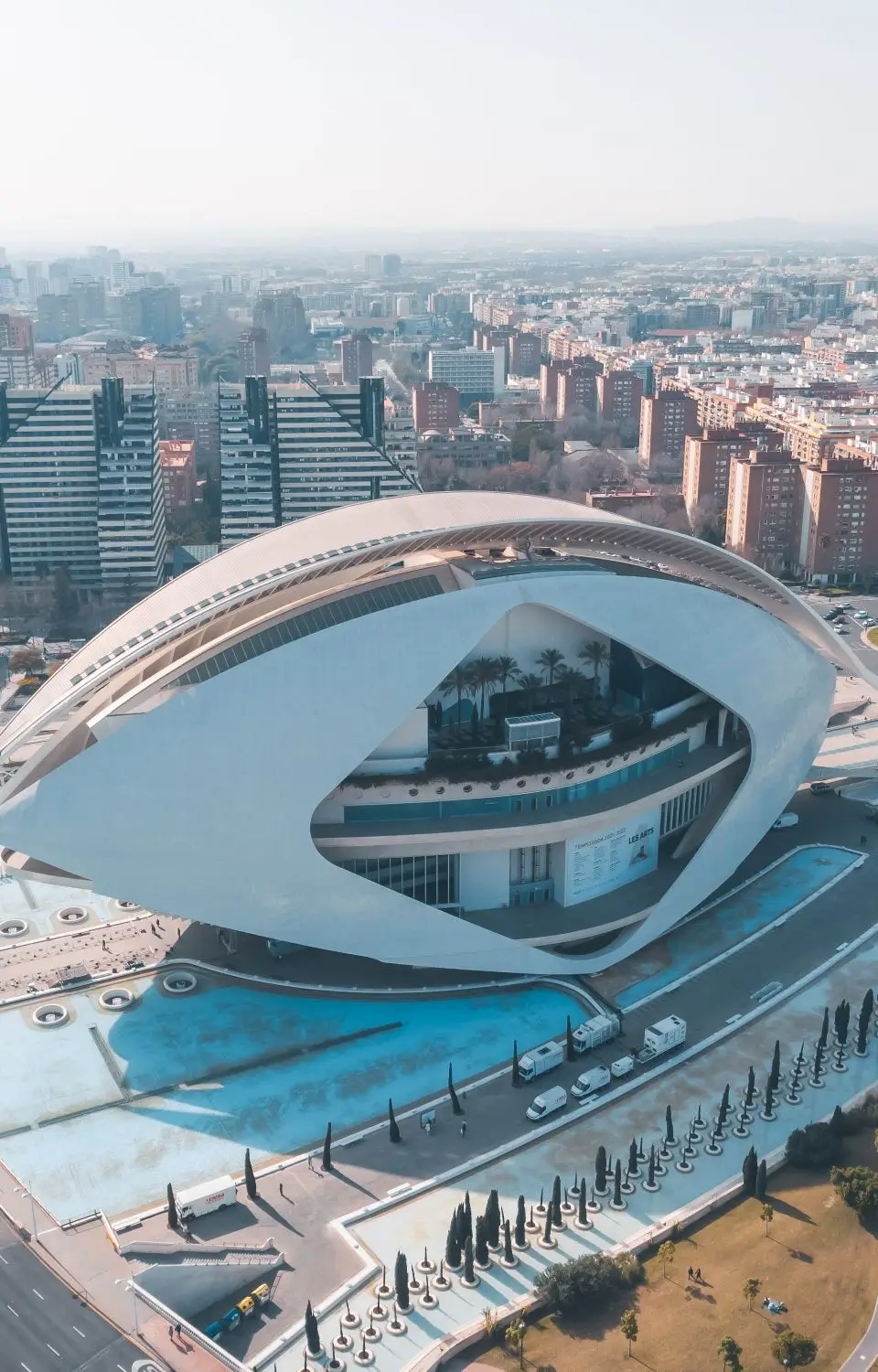 Stunning aerial shot of Palau de les Arts Reina Sofia in Valencia, Spain showcasing modern architecture.