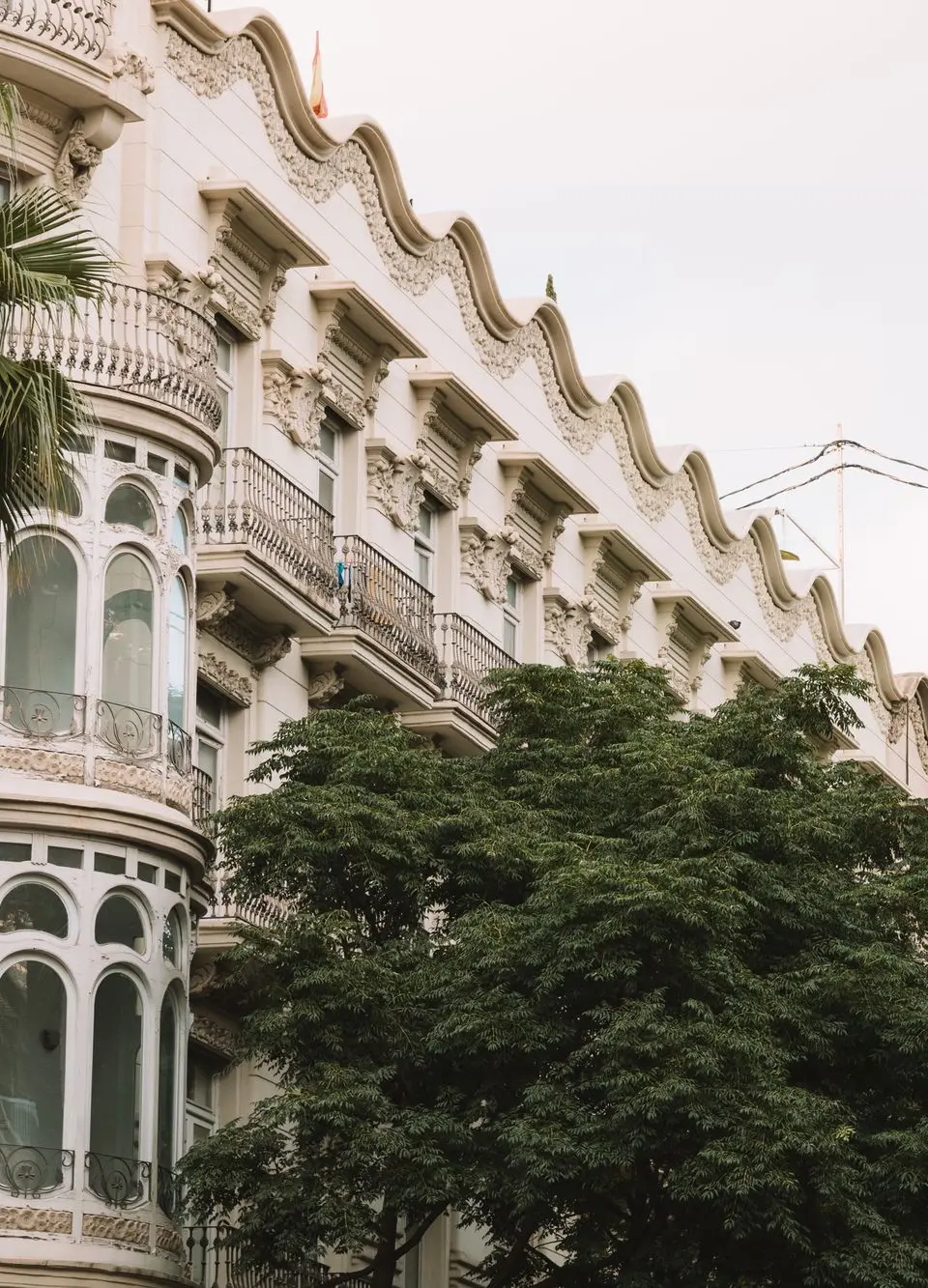 Stunning architectural facade in Valencia with palm trees and intricate details.